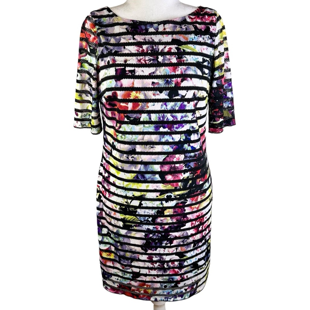 Jessica Howard Blue and Pink Sheath Dress 3/4 Sleeve Bateau Neckline